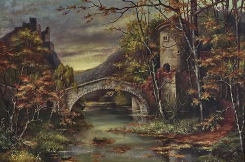 Herbstliche Landschaft mit Brücke und Ruine