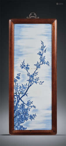 清中期 青花灵石花卉纹瓷板