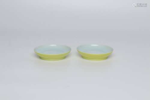 pair of chinese yellow glazed porcelain dishes