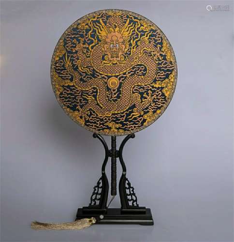 A BROCADE DRAGON DESIGN ROUND FAN WITH BOX AND SANDALWOOD ST...