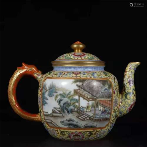 A QING DYNASTY QIANLONG STYLE YELLOW GROUND FAMILLE ROSE GOL...