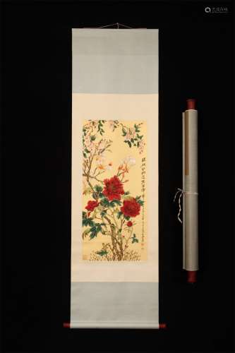 A CHINESE PAINTING ZHANG DAQIAN GOLD PAPER FLOWER AND BIRD