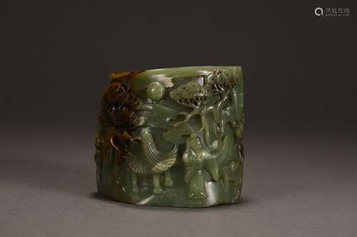 A HETIAN JADE LANDSCAPE FIGURE BRUSH POT