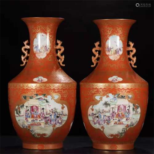 A PAIR OF QING DYNASTY QIANLONG STYLE FAMILLE ROSE SAND RED ...