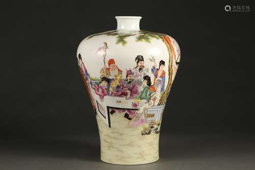 A FAMILLE ROSE FIGURE STORY PLUM VASE