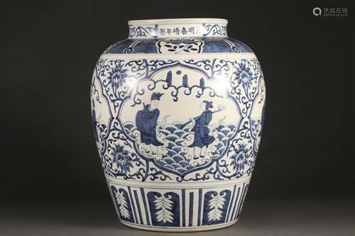 A BLUE AND WHITE FIGURE STORY BIG JAR