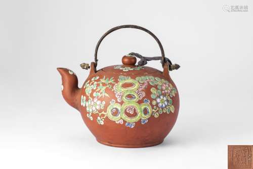 清 紫砂加彩茶壺