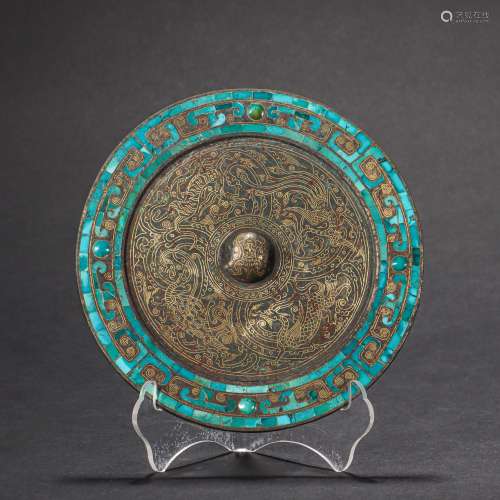 CHINESE BRONZE MIRROR INLAID WITH GOLD AND TURQUOISES, HAN D...