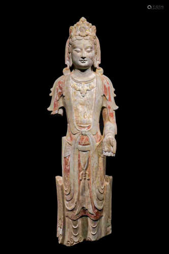 CHINESE BLUESTONE PAINTED BUDDHA STATUE, NORTHERN QI DYNASTY