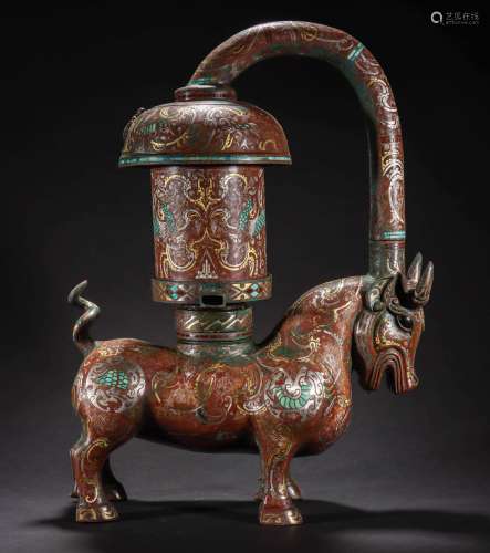 CHINESE BRONZE LAMP INLAID WITH SILVER AND GOLD, HAN DYNASTY