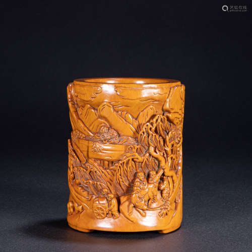 CHINESE BOXWOOD CARVING PEN HOLDER, QING DYNASTY