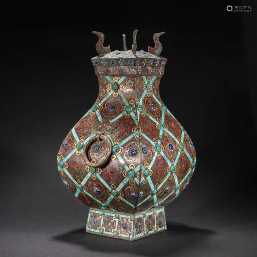 CHINESE BRONZE POT INLAID WITH GOLD AND GLASS, HAN DYNASTY
