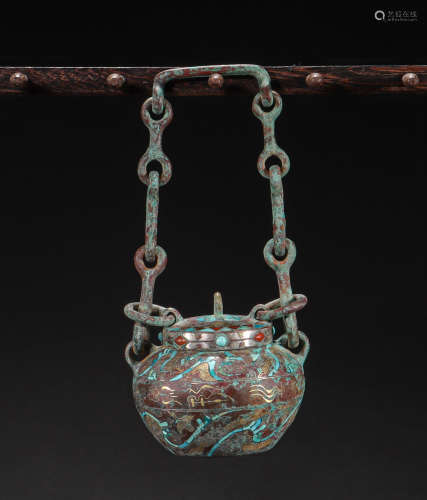 CHINESE POT INLAID WITH GOLD, SILVER AND TURQUOISES, HAN DYN...