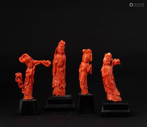 Four small coral figures, China, early 1900s, Four