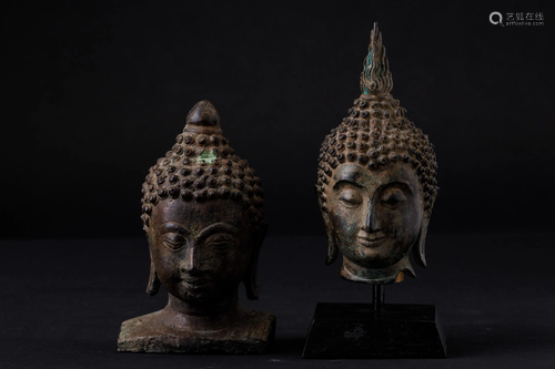 Two bronze Buddha heads, Thailand, 1800s, Two bronze