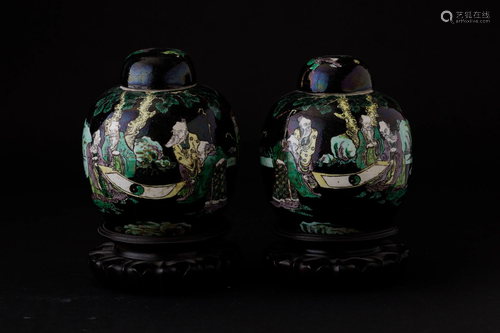 Two Famille Noire potiches, China, Qing Dynasty, Two