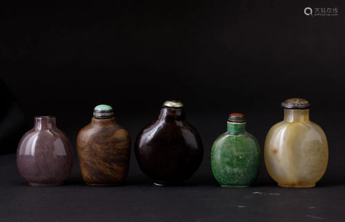 Five snuff bottles, China, Qing Dynasty, 1800s, Five