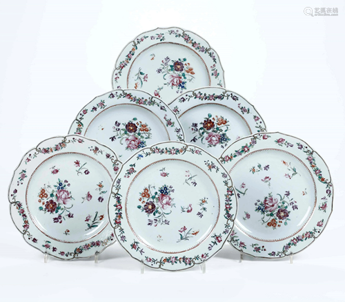 Six porcelain plates, China, Qing Dynasty, 1700s, Six