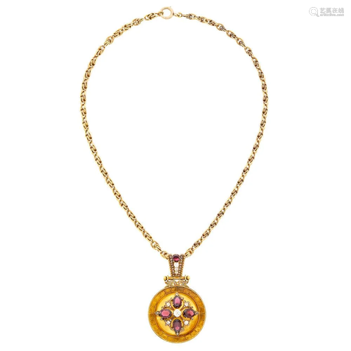 Antique Gold, Garnet and Diamond Pendant with Chain