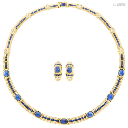 Gold, Sapphire and Diamond Necklace and Pair of