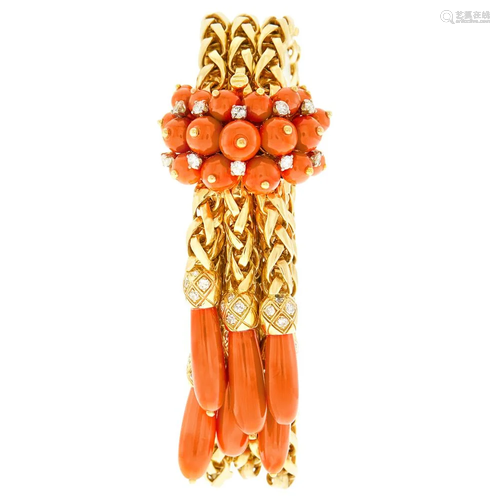 Triple Strand Gold, Coral and Diamond Tassle Bracelet