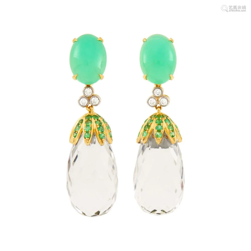 Pair of Gold, Green Chrysoprase, Rock Crystal, Green