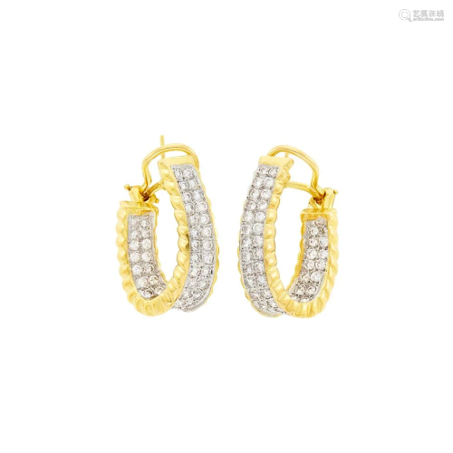 Pair of Two-Color Gold and Diamond Hoop Earrings