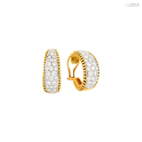 Pair of Two-Color Gold and Diamond Hoop Earclips