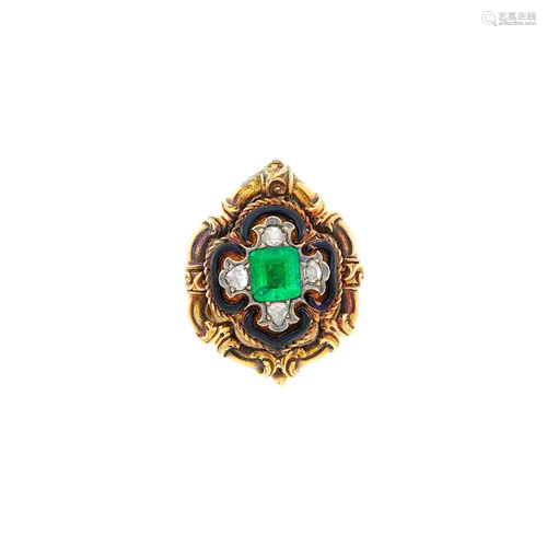 Antique Gold, Silver, Emerald, Diamond and Black Enamel