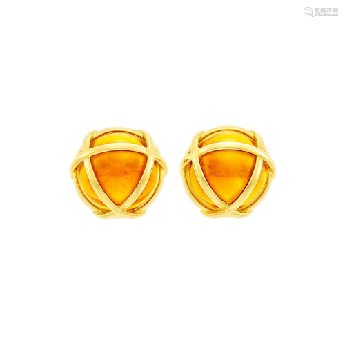 Verdura Pair of Gold and Cabochon Citrine 'Cage'