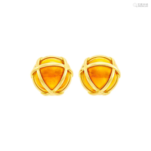 Verdura Pair of Gold and Cabochon Citrine 'Cage'