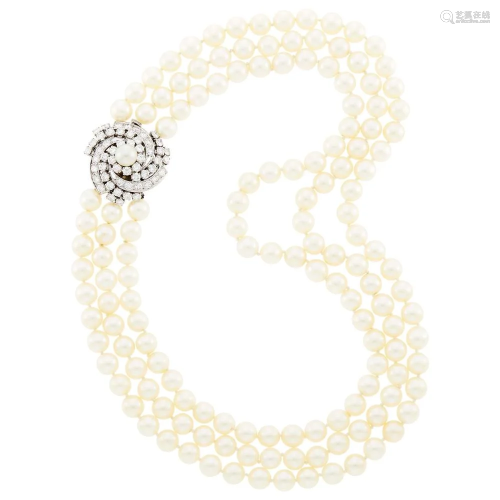 Triple Strand Cultured Pearl Necklace with Platinum,