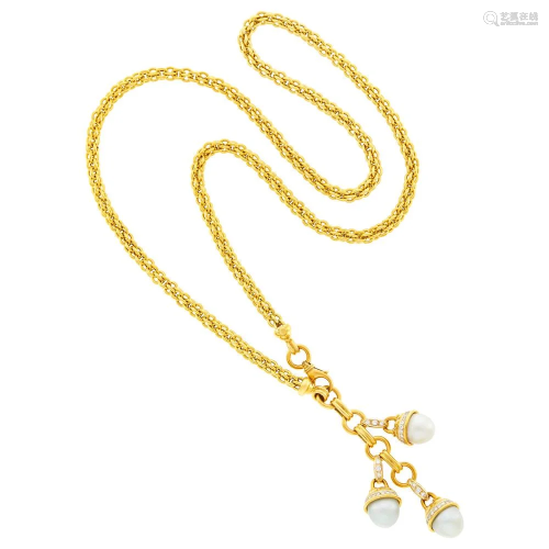 Gold, Cultured Pearl and Diamond Chain Pendant-Necklace