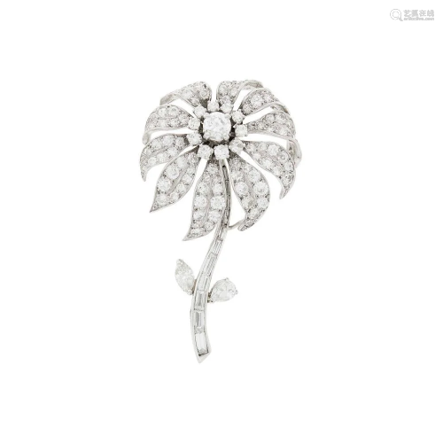Platinum and Diamond Flower Clip-Brooch