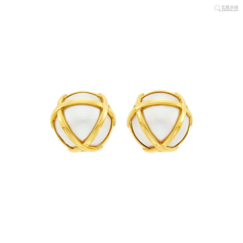 Verdura Pair of Gold and Mabé Pearl 'Cage'