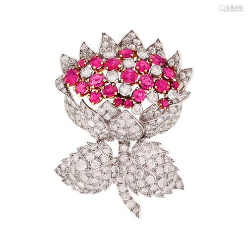 Platinum, Gold, Ruby and Diamond Flower Brooch