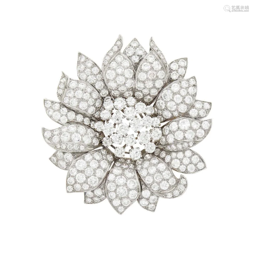 Platinum and Diamond Flower Clip-Brooch