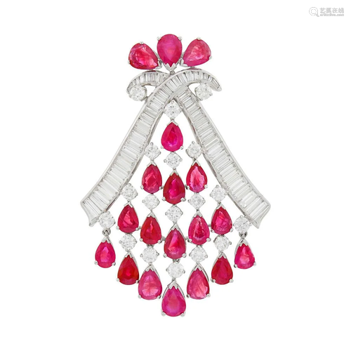 Platinum, Ruby and Diamond Fringe Clip-Brooch