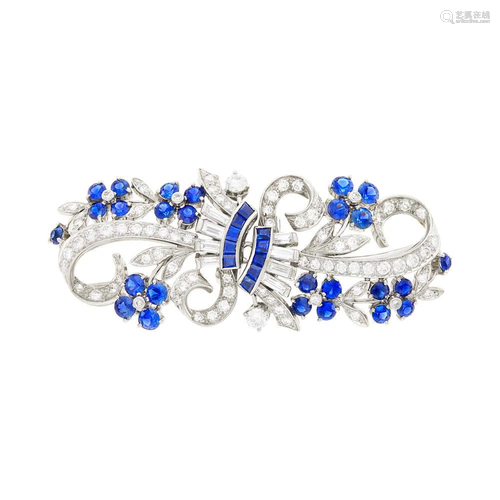 Platinum, Sapphire and Diamond Double-Clip Brooch