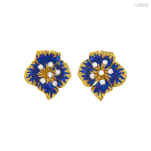 Cartier Pair of Gold, Blue Enamel and Diamond Flower