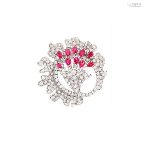 Platinum, Diamond and Ruby Flower Brooch