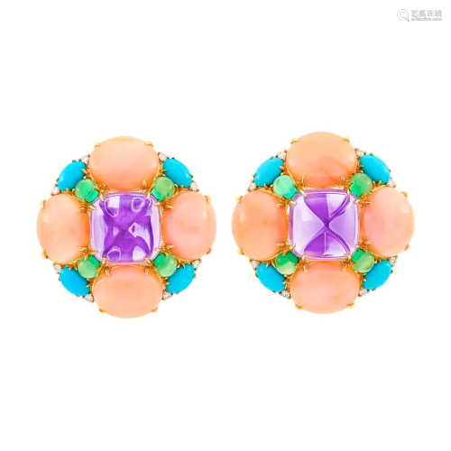 Pair of Gold, Amethyst, Coral, Green Chrysoprase and
