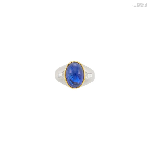 Platinum, Gold, Cabochon Sapphire and Diamond Ring