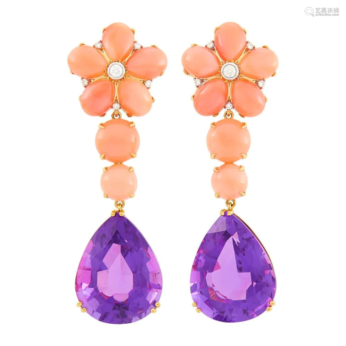 Pair of Gold, Coral, Amethyst and Diamond