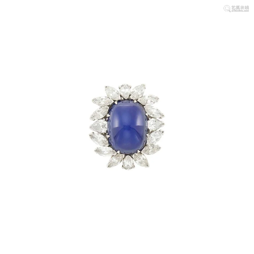 Platinum, Star Sapphire and Diamond Pendant-Ring