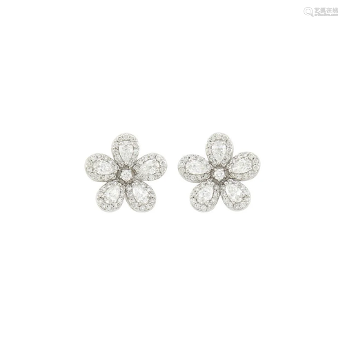 Pair of Platinum and Diamond Flower Earrings