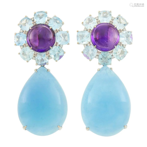 Pair of White Gold, Cabochon Amethyst, Aquamarine and
