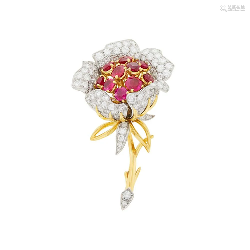 Platinum, Gold, Ruby and Diamond Flower Clip-Brooch,