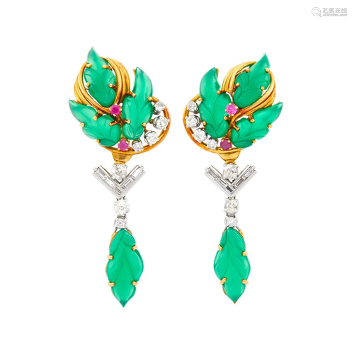 Pair of Gold, Platinum, Carved Green Onyx, Diamond and