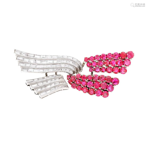 Drayson Platinum, Ruby and Diamond Double Clip-Brooch